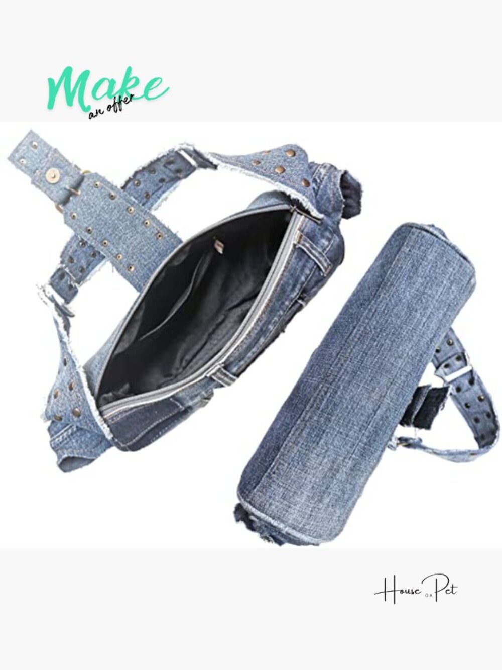 Upcycled Denim Barrel Shoulder Bag with Brass Rivet & Buckle Details - Picture 5 of 7